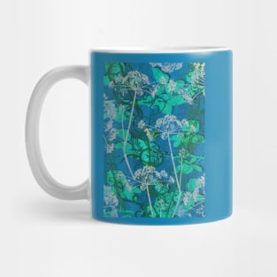 English Hedgerow Block Print Design in Teal and Blue Mug